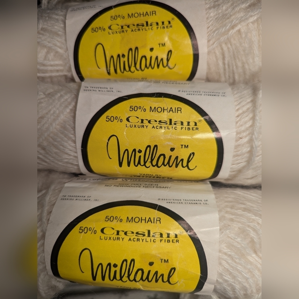 🤍 Millaine White Mohair Acrylic Milliken 4ply, 3-2oz Skeins, Vintage Luxury